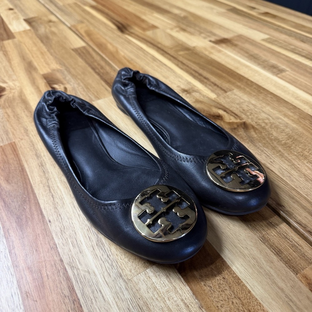 Tory Burch Reva Womens Size 9 Black Leather Ballet Flats Gold Logo Medallion